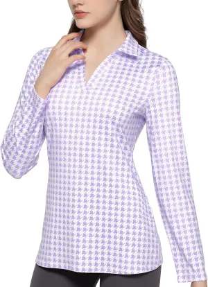 Women's Golf Polo Shirts Long Sleeve Workout Tops V Neck UPF 50  Sun Protection Quick Dry Lightweight Active Shirts