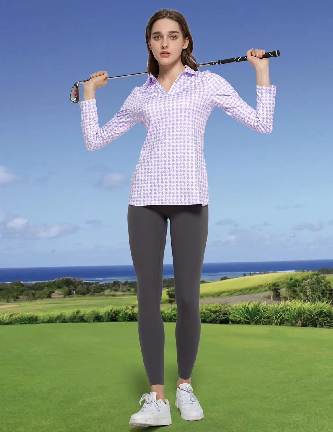Women's Golf Polo Shirts Long Sleeve Workout Tops V Neck UPF 50  Sun Protection Quick Dry Lightweight Active Shirts