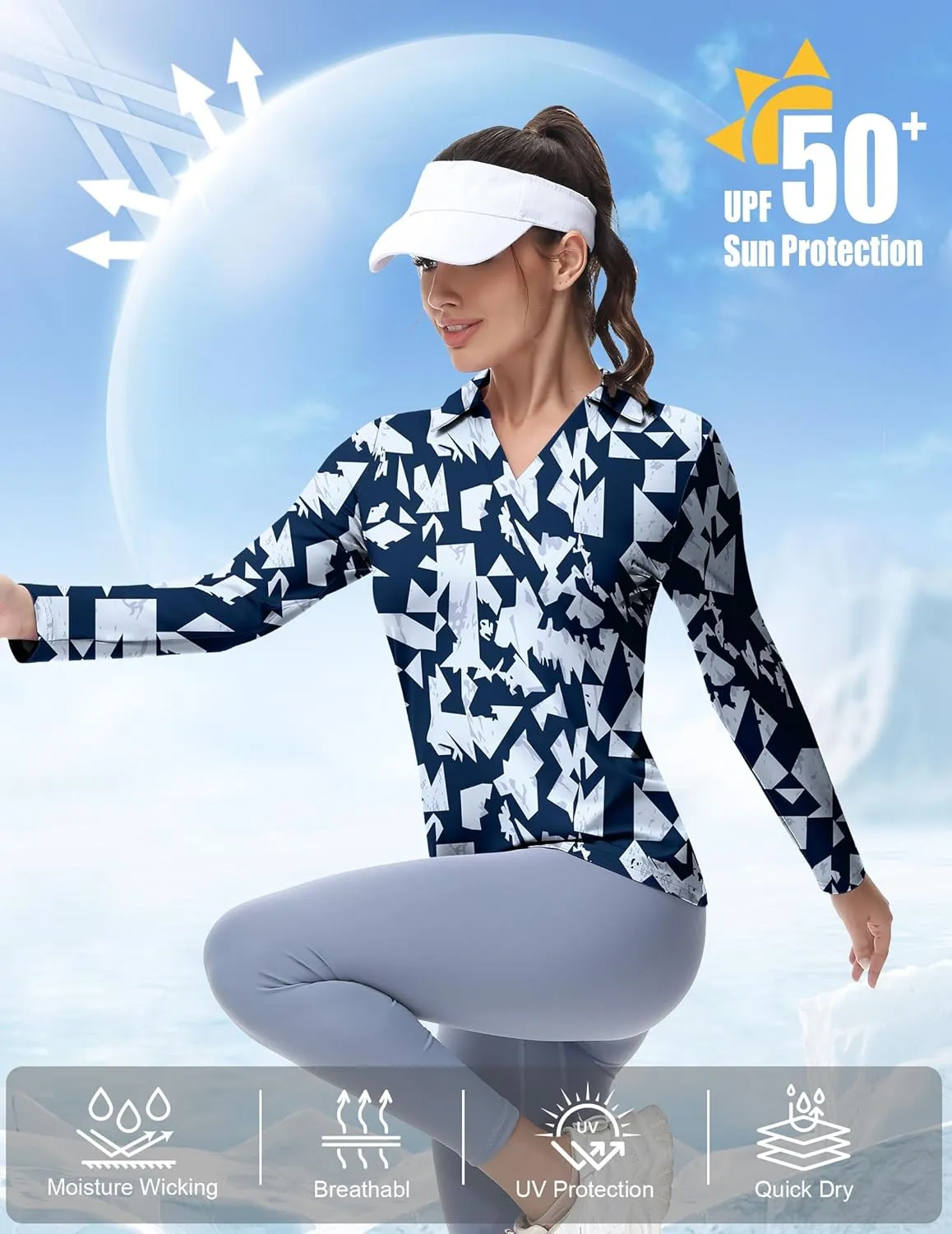 Women's Golf Polo Shirts Long Sleeve Workout Tops V Neck UPF 50  Sun Protection Quick Dry Lightweight Active Shirts