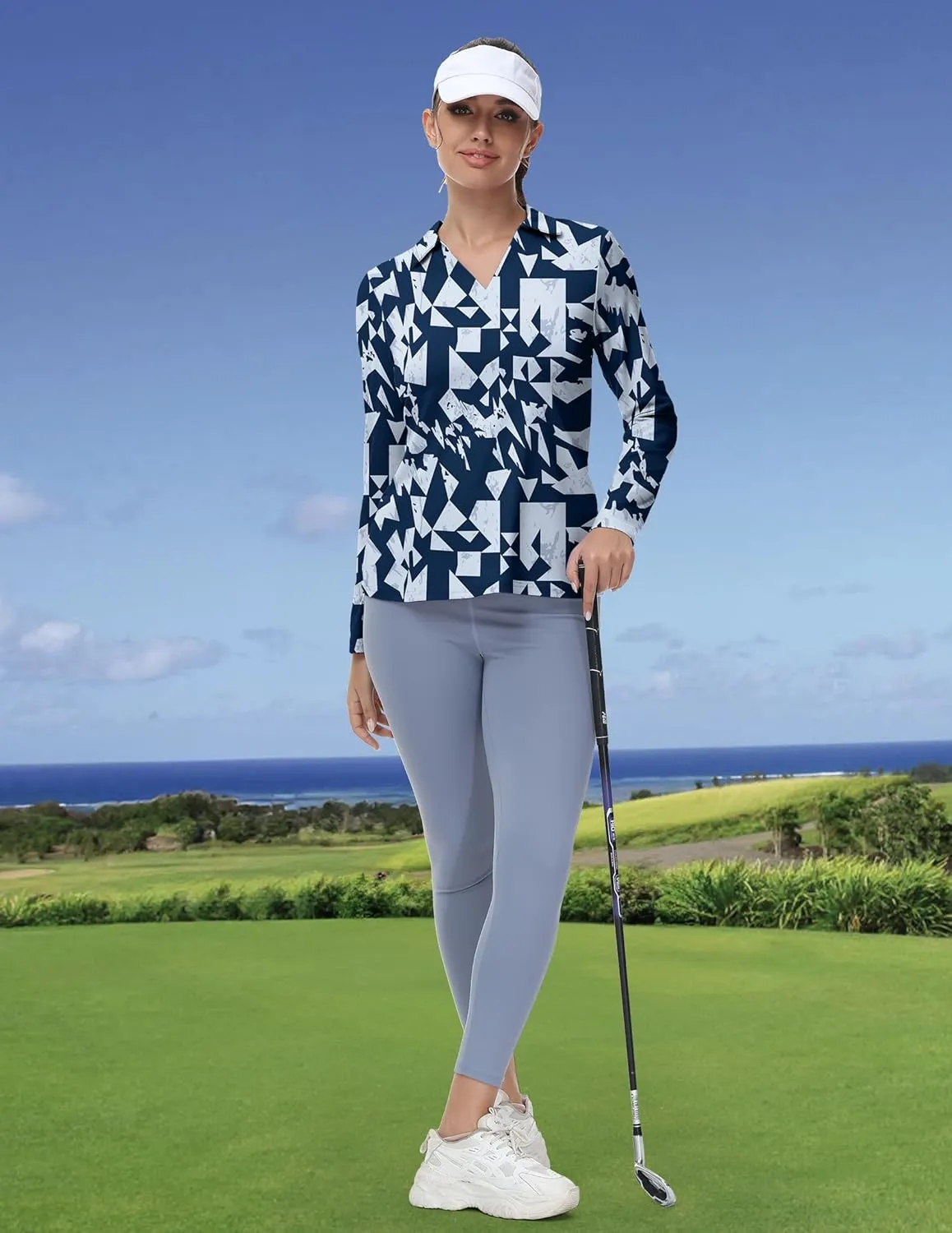 Women's Golf Polo Shirts Long Sleeve Workout Tops V Neck UPF 50  Sun Protection Quick Dry Lightweight Active Shirts