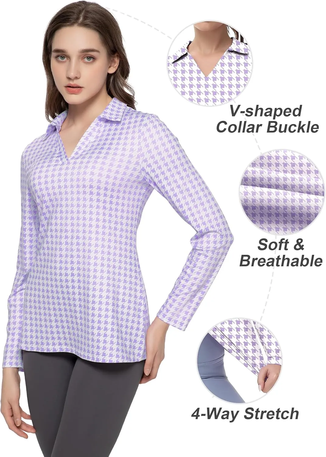 Women's Golf Polo Shirts Long Sleeve Workout Tops V Neck UPF 50  Sun Protection Quick Dry Lightweight Active Shirts