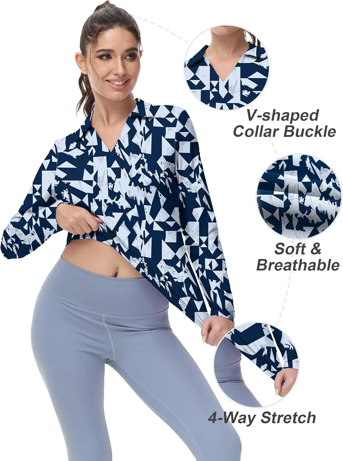 Women's Golf Polo Shirts Long Sleeve Workout Tops V Neck UPF 50  Sun Protection Quick Dry Lightweight Active Shirts