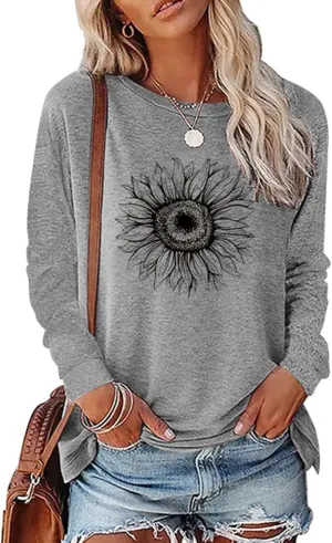 Women's Graphic T Shirts Long Sleeve Tees Sunflower Crewneck Casual Loose Fall Tunic Tops