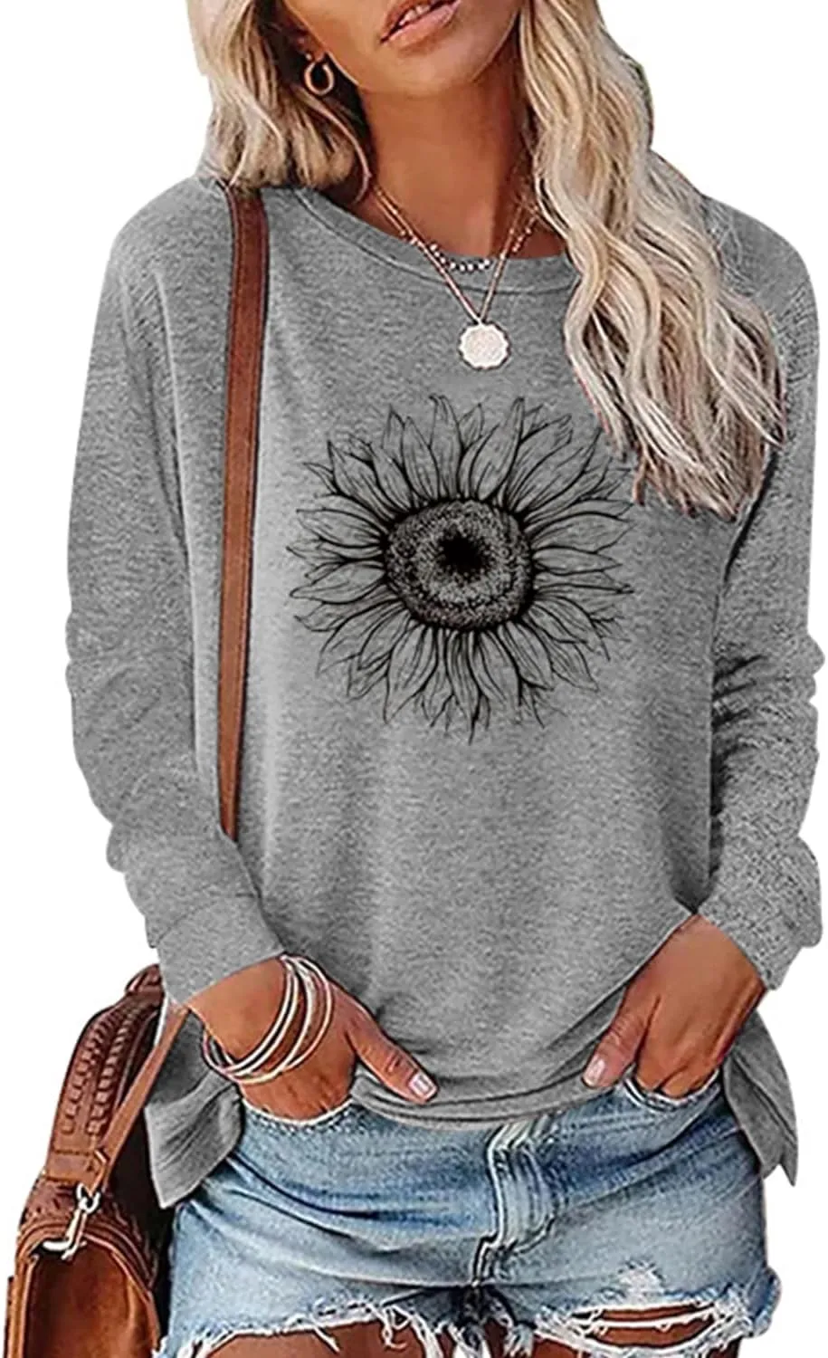 Women's Graphic T Shirts Long Sleeve Tees Sunflower Crewneck Casual Loose Fall Tunic Tops
