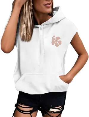 Womens Hawaii Hooded Tank Top,Palm Graphic Print Cap Sleeve Athletic Exercise Loose Fit Casual Oversized Hoodie Vest