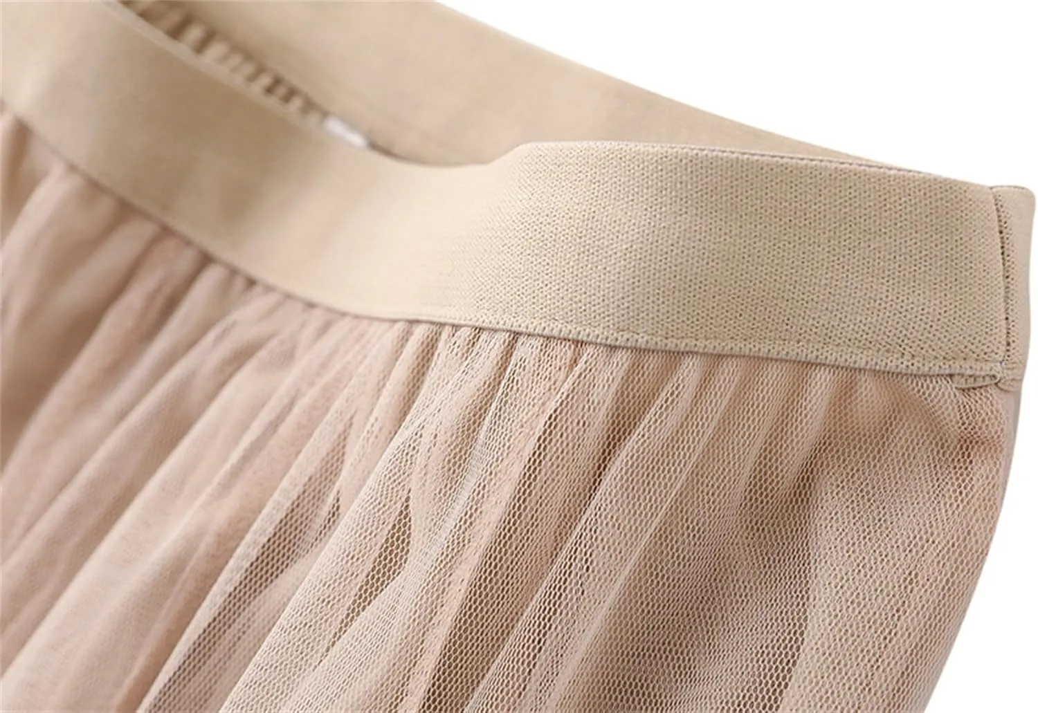 Women's High-Waisted Pleated Skirt with Elastic Waist Slim Midi Skirt Long Skirt with Two Layers of Mesh