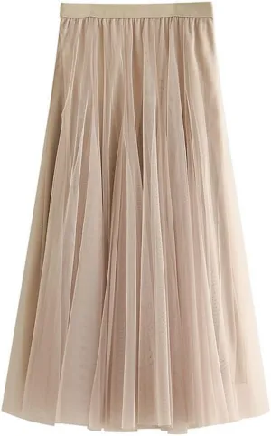 Women's High-Waisted Pleated Skirt with Elastic Waist Slim Midi Skirt Long Skirt with Two Layers of Mesh