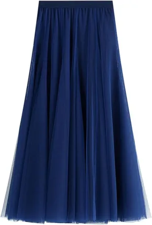 Women's High-Waisted Pleated Skirt with Elastic Waist Slim Midi Skirt Long Skirt with Two Layers of Mesh