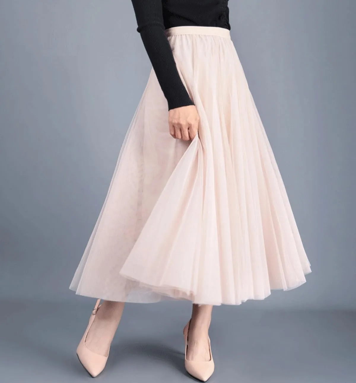 Women's High-Waisted Pleated Skirt with Elastic Waist Slim Midi Skirt Long Skirt with Two Layers of Mesh