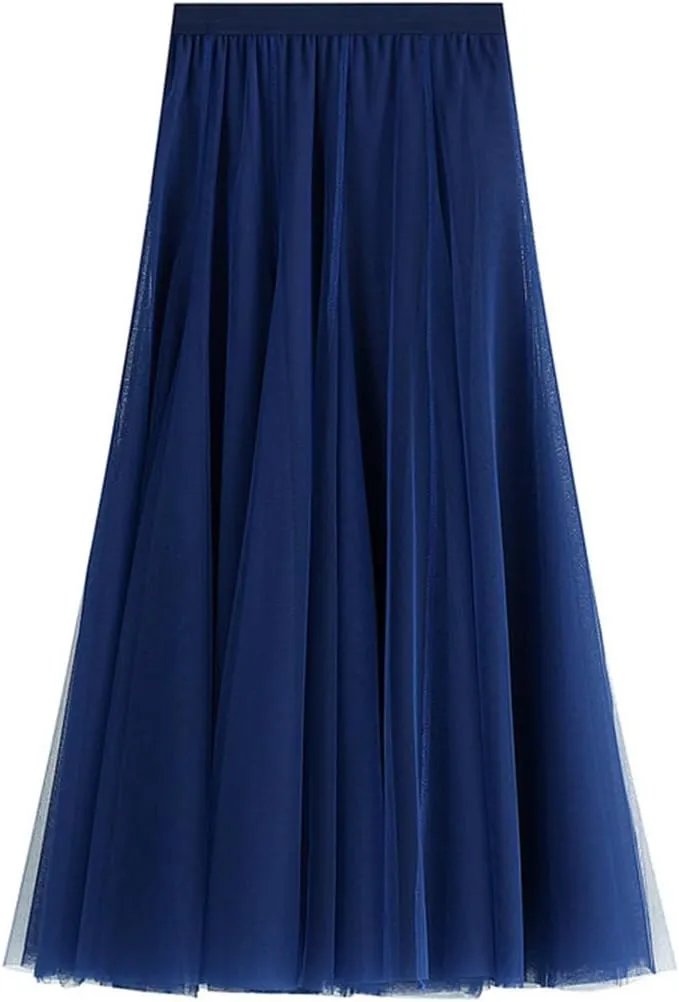 Women's High-Waisted Pleated Skirt with Elastic Waist Slim Midi Skirt Long Skirt with Two Layers of Mesh