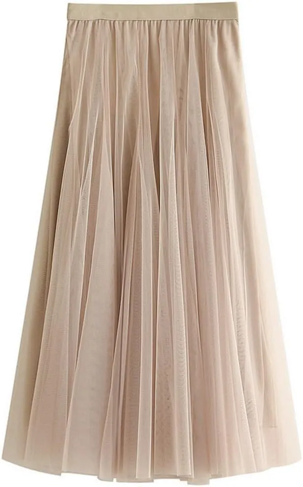 Women's High-Waisted Pleated Skirt with Elastic Waist Slim Midi Skirt Long Skirt with Two Layers of Mesh