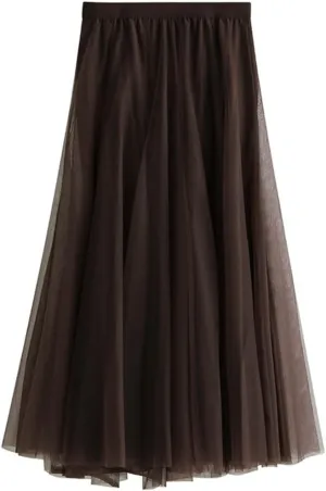 Women's High-Waisted Pleated Skirt with Elastic Waist Slim Midi Skirt Long Skirt with Two Layers of Mesh