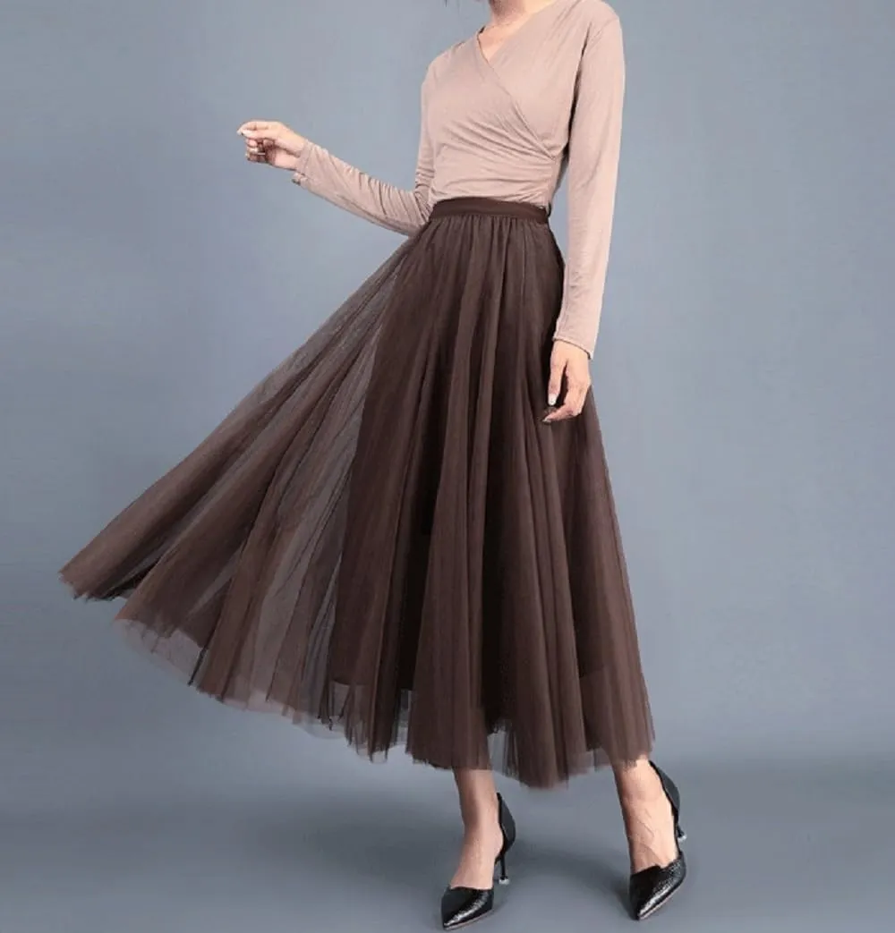 Women's High-Waisted Pleated Skirt with Elastic Waist Slim Midi Skirt Long Skirt with Two Layers of Mesh