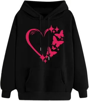 Womens Hoodies Pullover Fall Fashion Love Heart Print Long Sleeve Oversized Sweatshirt Loose Fit Blouses with Pockets