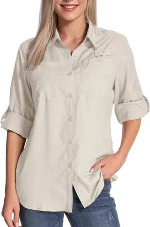 Womens Long Sleeve Sun Protection Hiking Fishing Shirts UPF 50  UV Lightweight Quick-Dry Safari Shirts Womens Outdoor