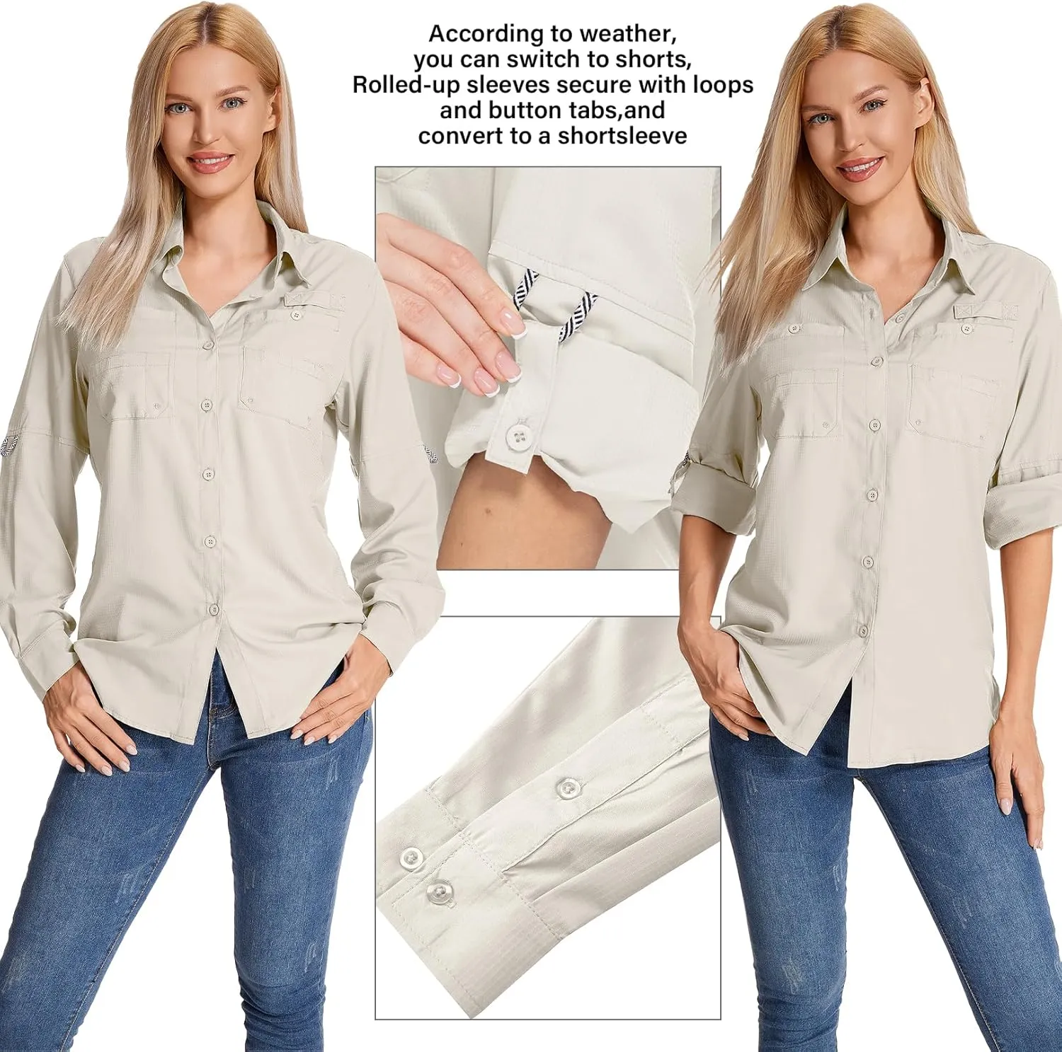 Womens Long Sleeve Sun Protection Hiking Fishing Shirts UPF 50  UV Lightweight Quick-Dry Safari Shirts Womens Outdoor