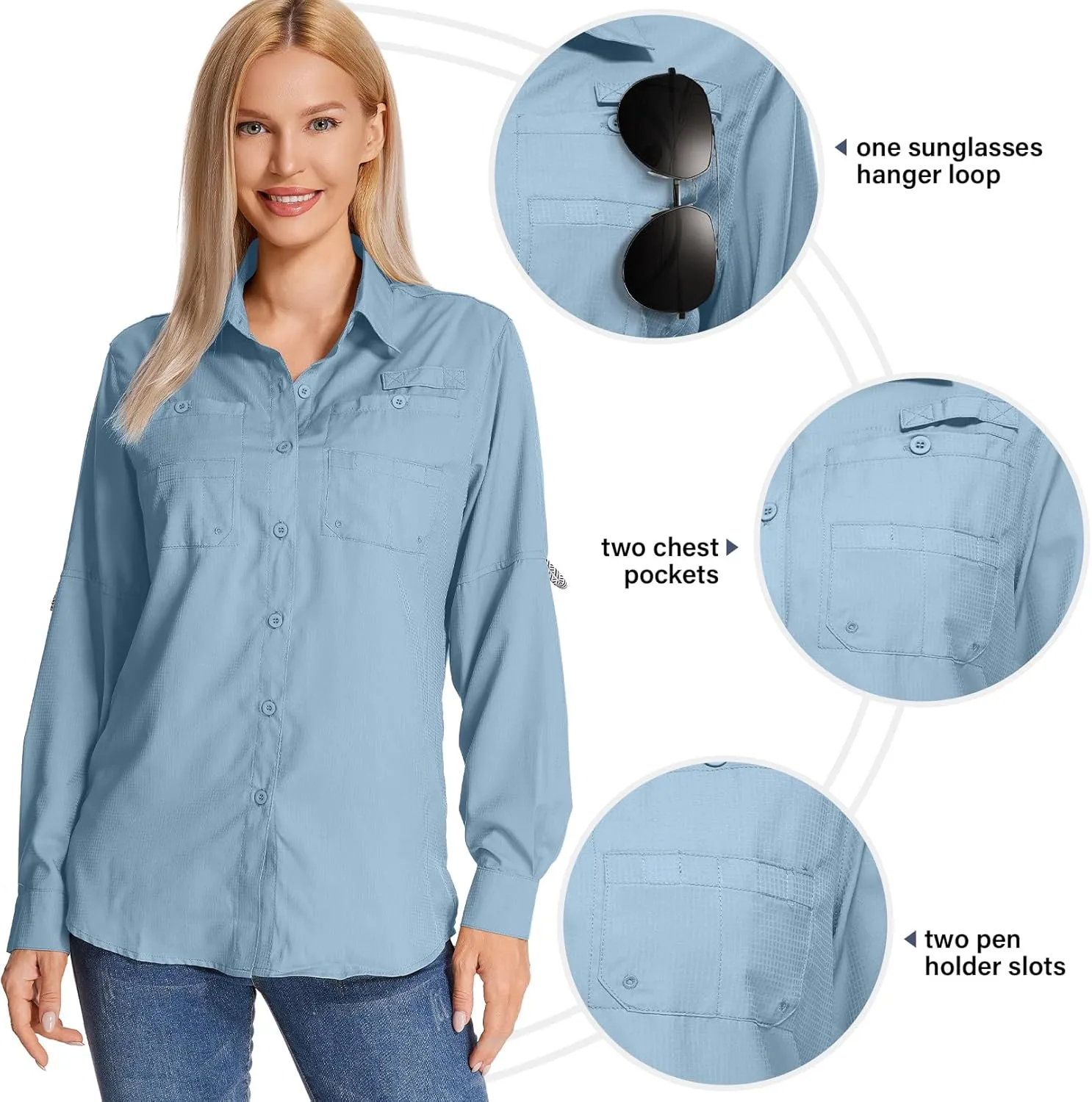 Womens Long Sleeve Sun Protection Hiking Fishing Shirts UPF 50  UV Lightweight Quick-Dry Safari Shirts Womens Outdoor