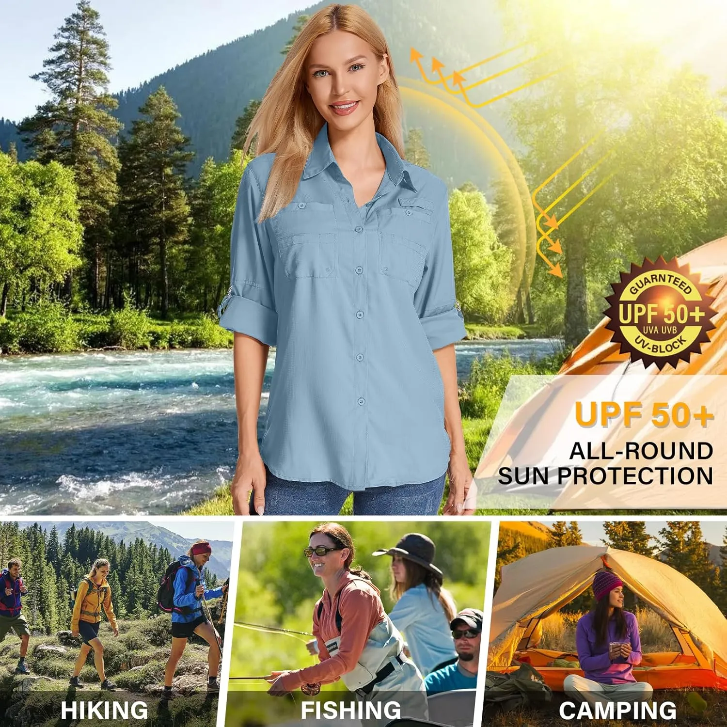 Womens Long Sleeve Sun Protection Hiking Fishing Shirts UPF 50  UV Lightweight Quick-Dry Safari Shirts Womens Outdoor