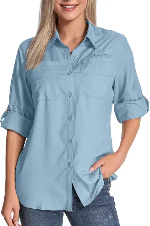 Womens Long Sleeve Sun Protection Hiking Fishing Shirts UPF 50  UV Lightweight Quick-Dry Safari Shirts Womens Outdoor