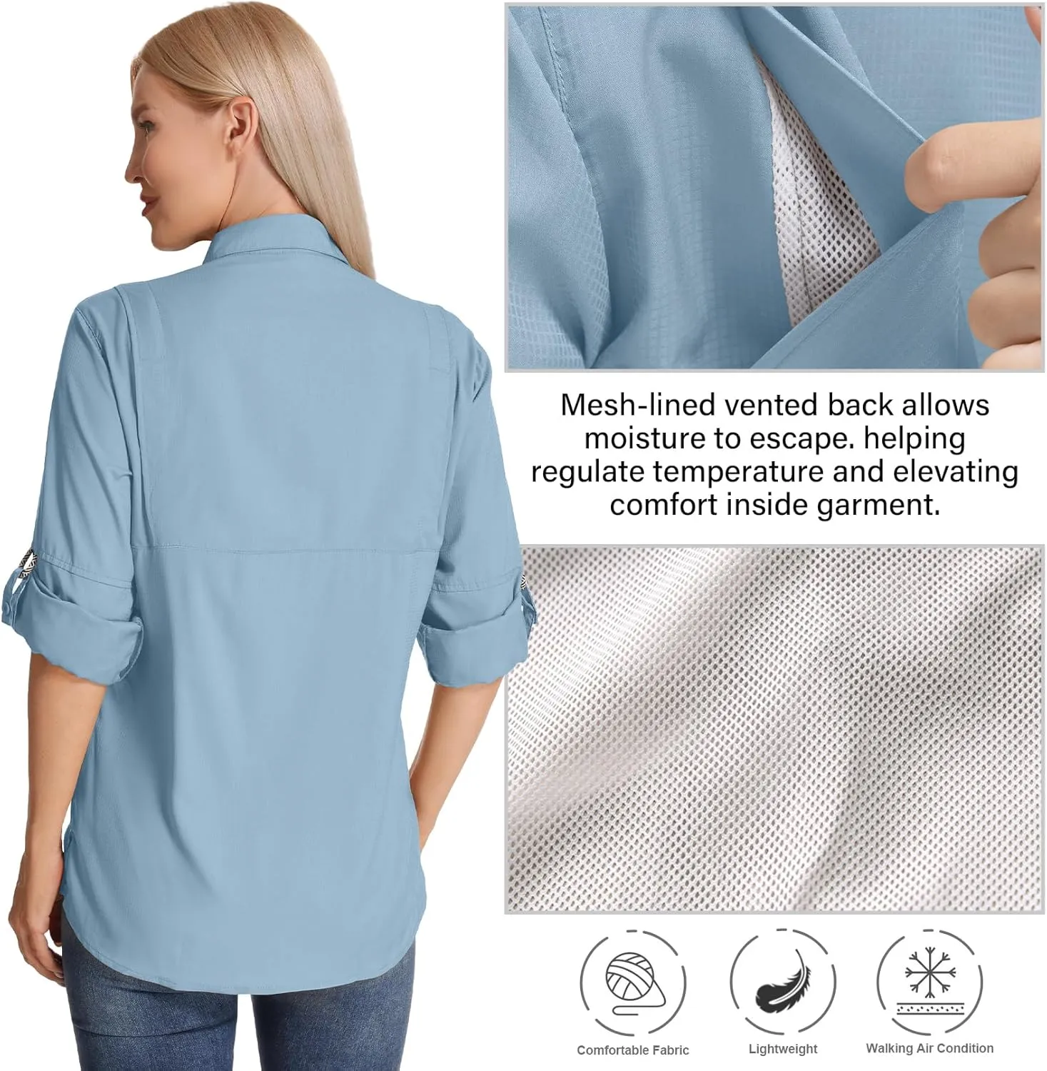 Womens Long Sleeve Sun Protection Hiking Fishing Shirts UPF 50  UV Lightweight Quick-Dry Safari Shirts Womens Outdoor