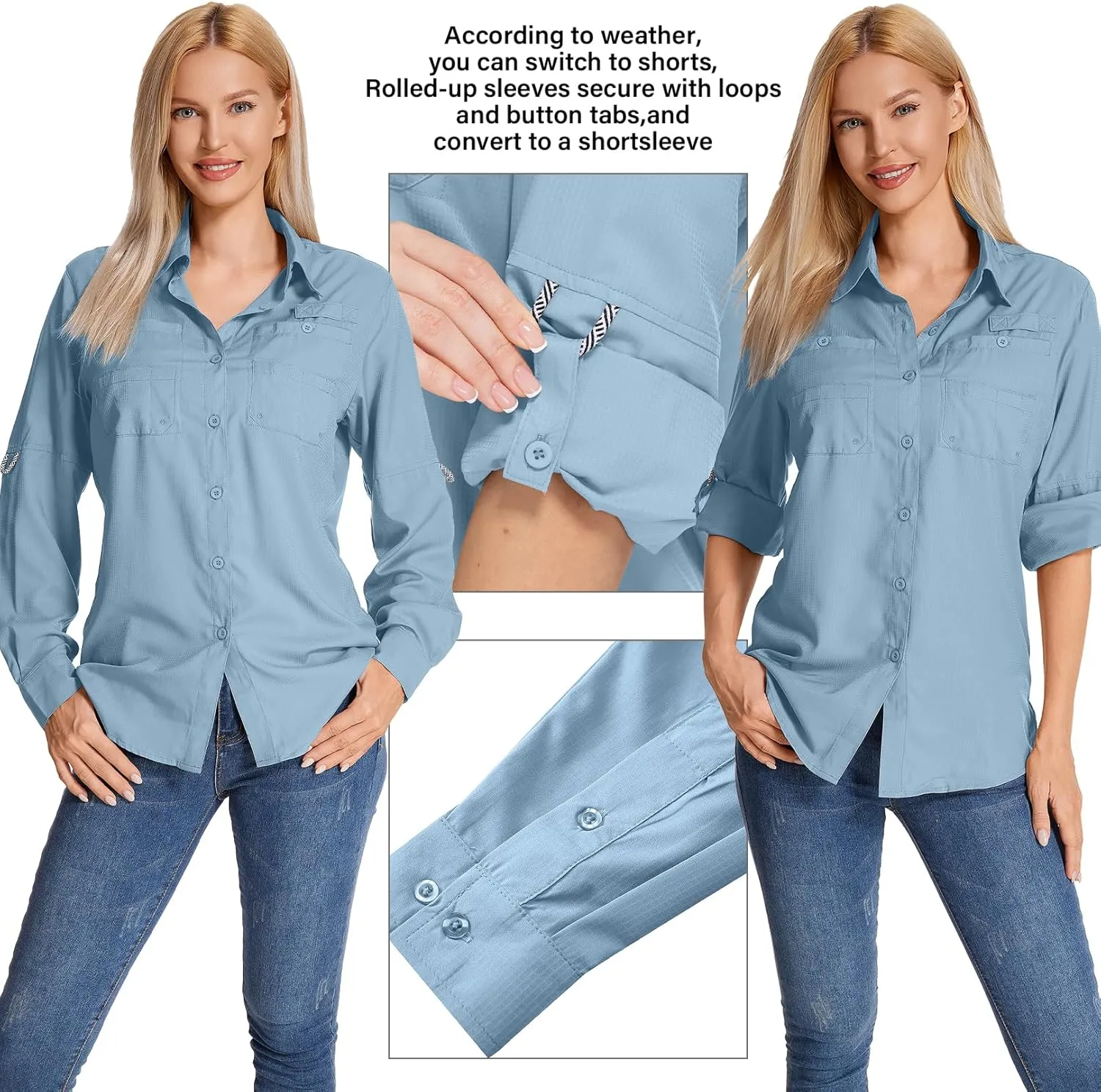 Womens Long Sleeve Sun Protection Hiking Fishing Shirts UPF 50  UV Lightweight Quick-Dry Safari Shirts Womens Outdoor