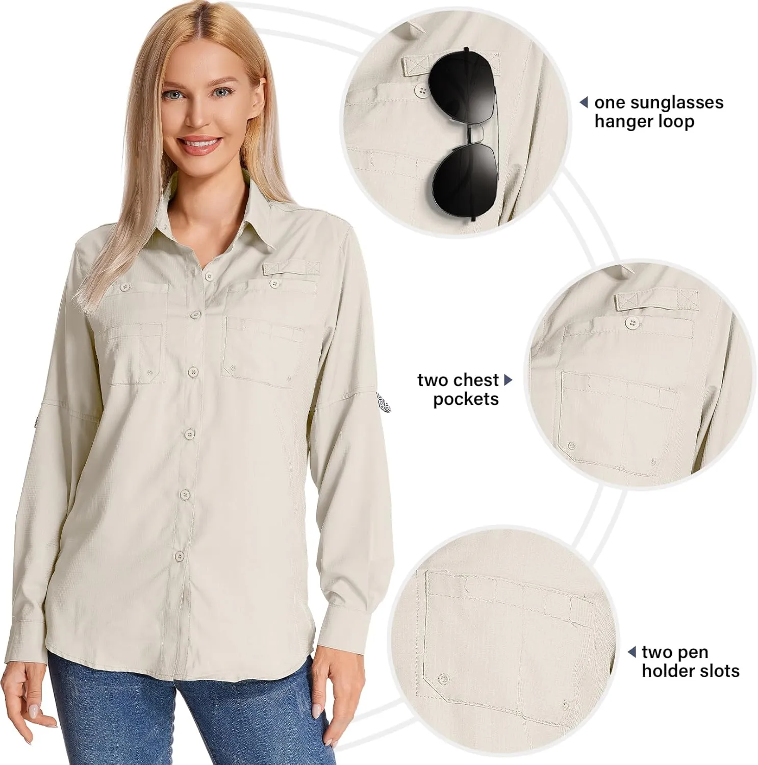 Womens Long Sleeve Sun Protection Hiking Fishing Shirts UPF 50  UV Lightweight Quick-Dry Safari Shirts Womens Outdoor