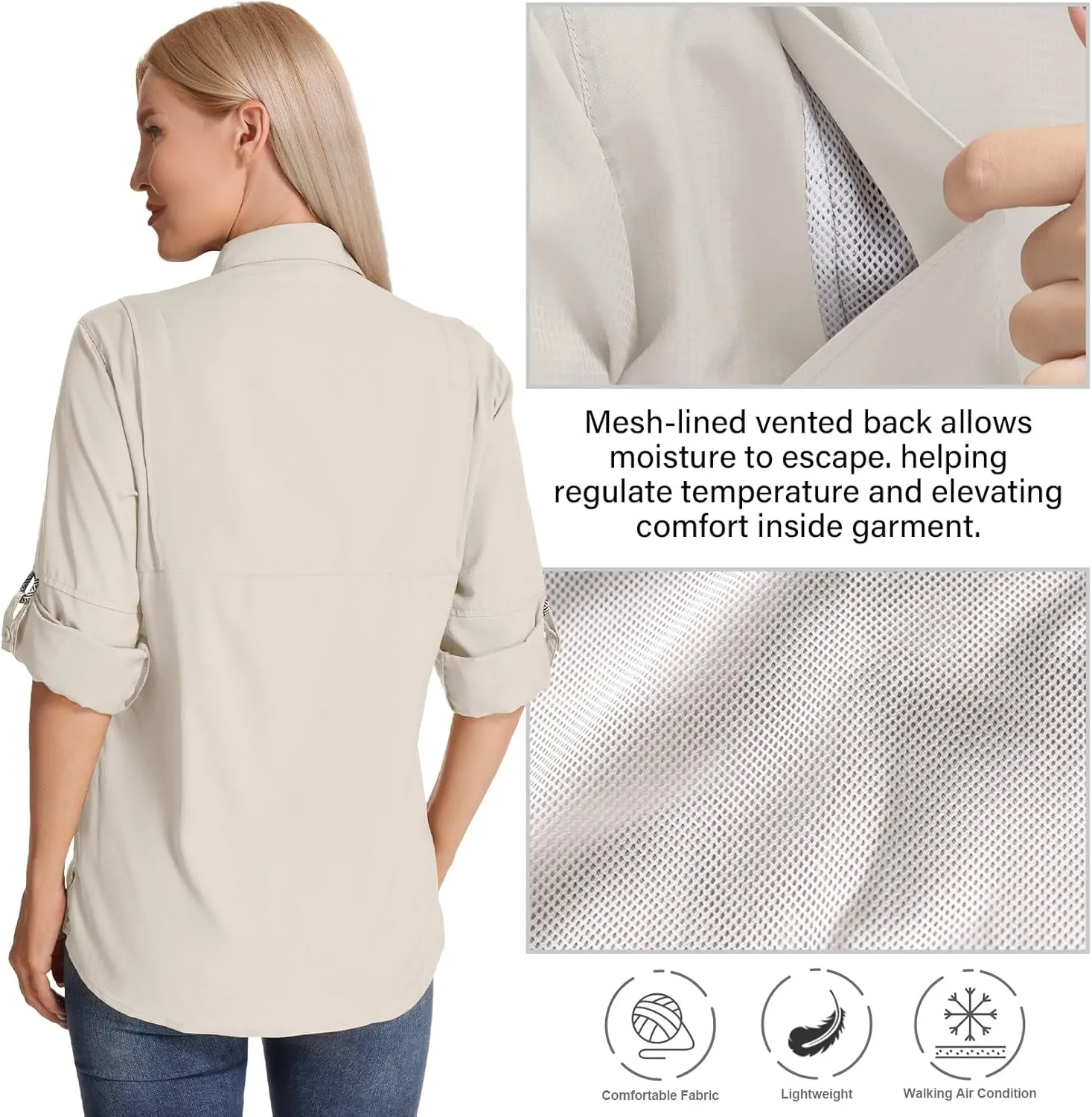 Womens Long Sleeve Sun Protection Hiking Fishing Shirts UPF 50  UV Lightweight Quick-Dry Safari Shirts Womens Outdoor