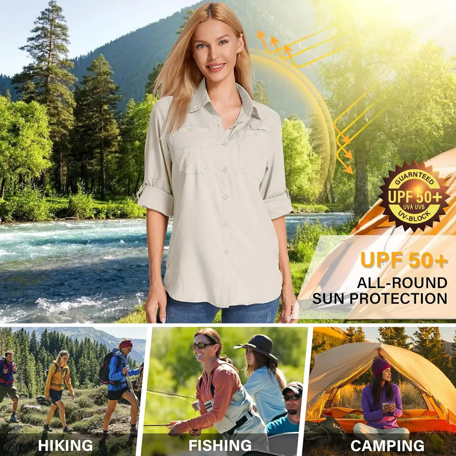 Womens Long Sleeve Sun Protection Hiking Fishing Shirts UPF 50  UV Lightweight Quick-Dry Safari Shirts Womens Outdoor