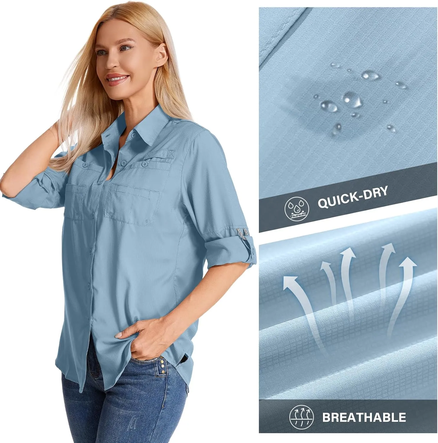 Womens Long Sleeve Sun Protection Hiking Fishing Shirts UPF 50  UV Lightweight Quick-Dry Safari Shirts Womens Outdoor