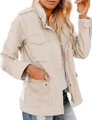 Womens Military Anorak Jacket Lapel Zip Up Snap Button Parka Outdoor Utility Lightweight Fields Outwear with Pockets