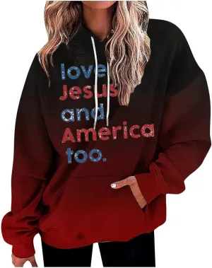 Womens Oversized Hoodies Gradient Letter Print Long Sleeve Drawstring Pullover Sweatshirt with Pockets Fall Clothes