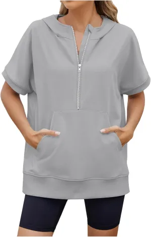 Women's Oversized Hoodies Short Sleeve T Shirts Loose Fit Tops V Neck Tees