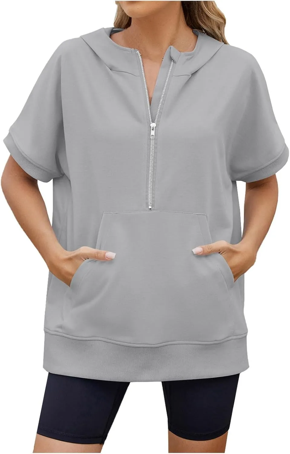 Women's Oversized Hoodies Short Sleeve T Shirts Loose Fit Tops V Neck Tees