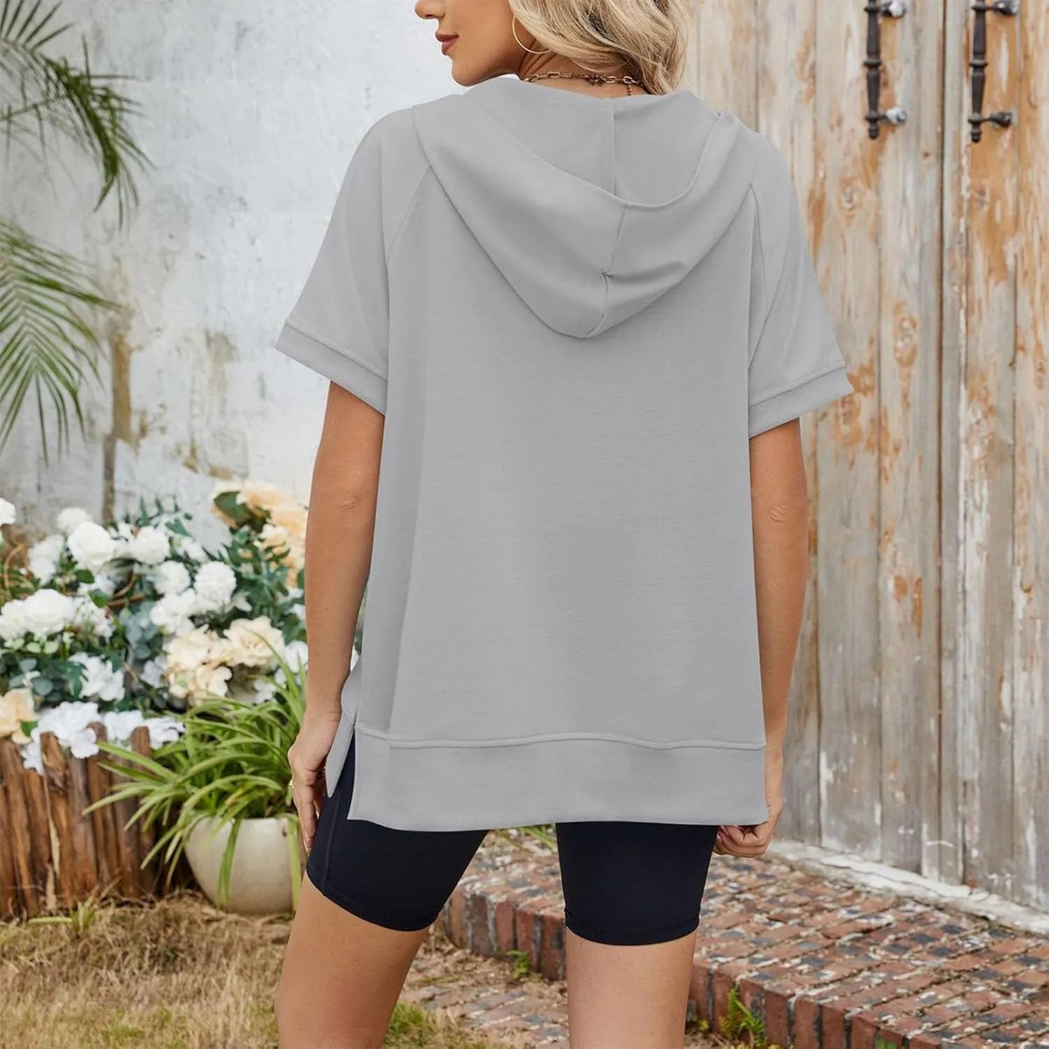 Women's Oversized Hoodies Short Sleeve T Shirts Loose Fit Tops V Neck Tees