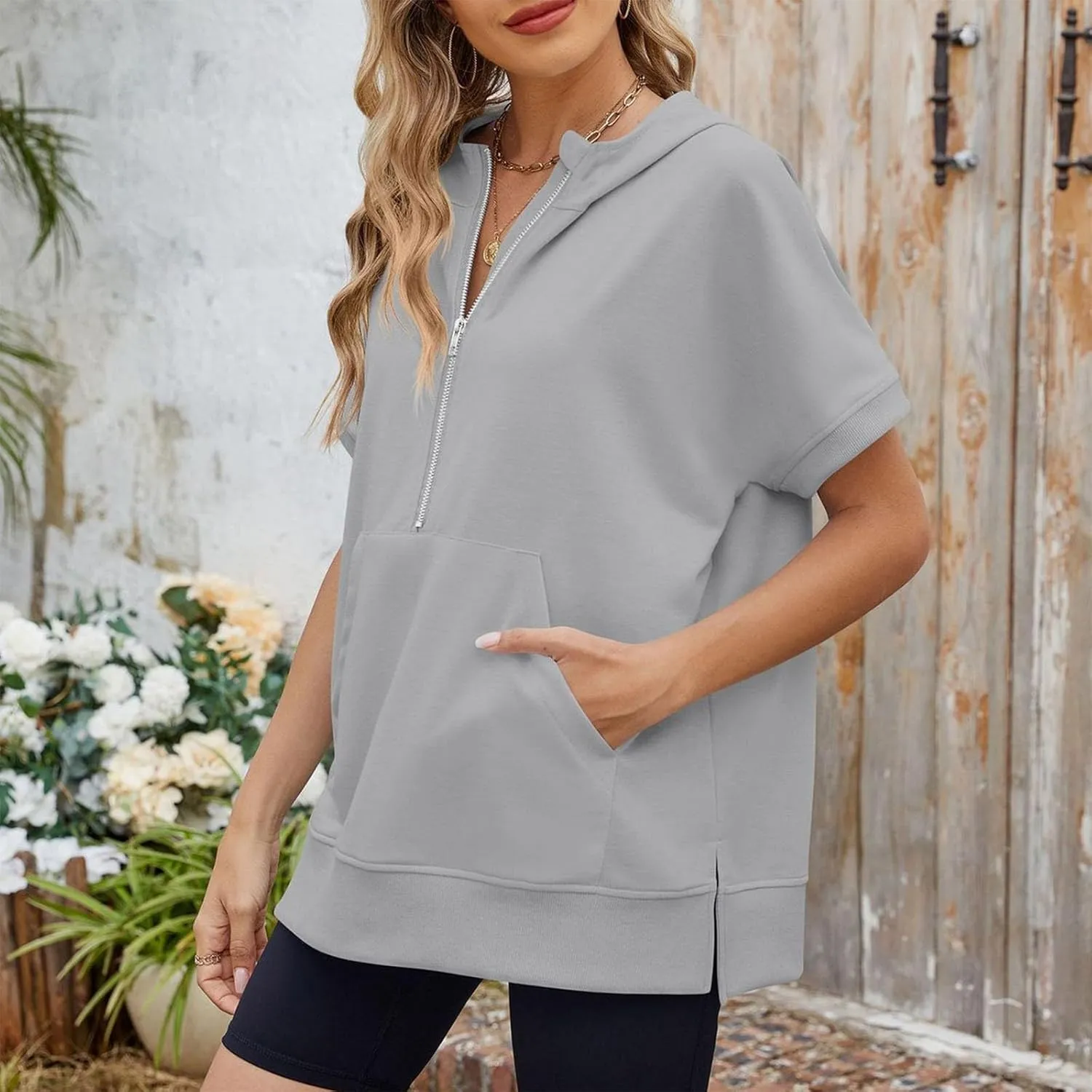 Women's Oversized Hoodies Short Sleeve T Shirts Loose Fit Tops V Neck Tees