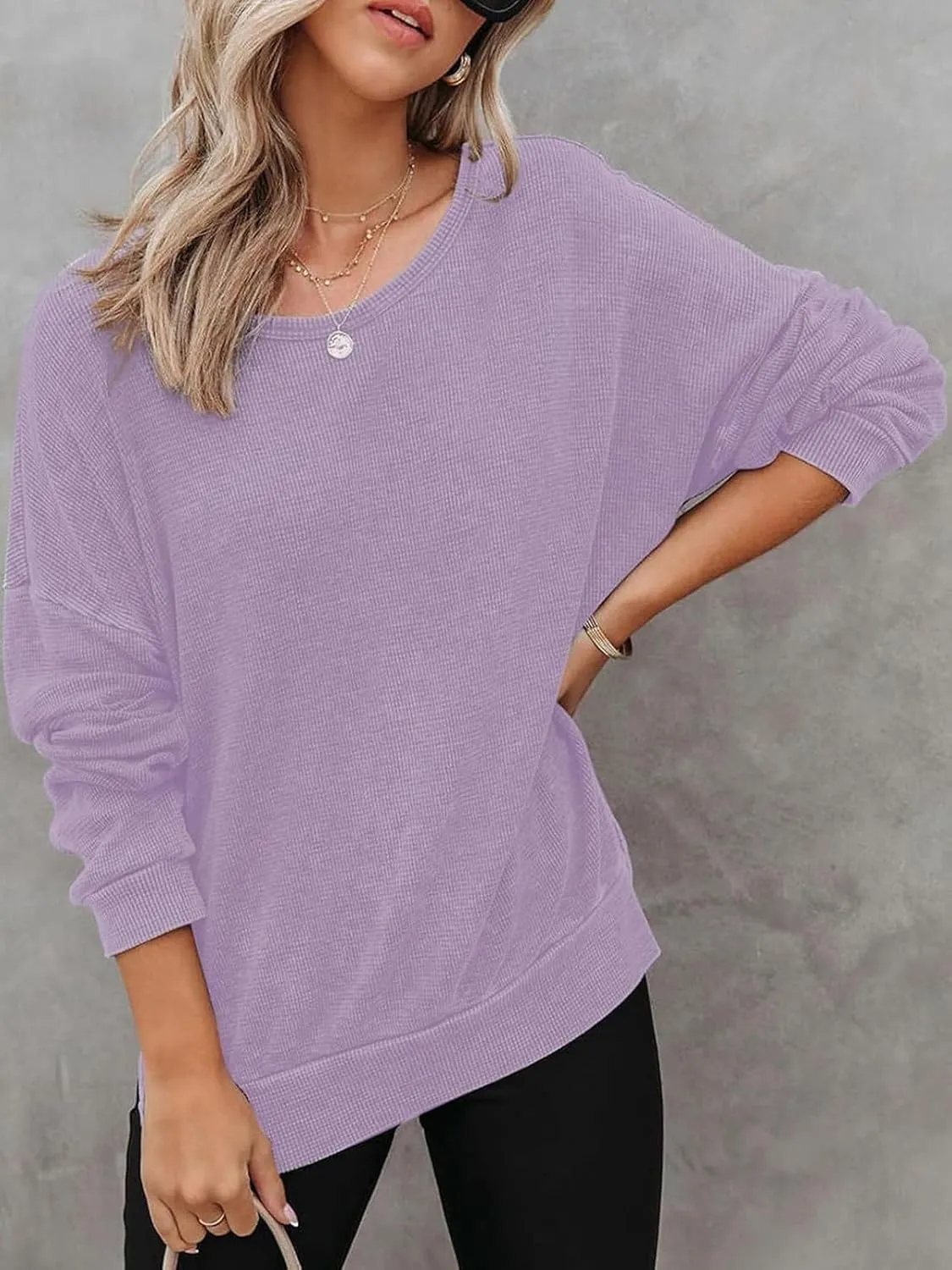 Womens Oversized Sweatshirts Crewneck Waffle Knit Casual Pullover Blouses Long Sleeve Side Slit Sweatshirt Tops S-2XL