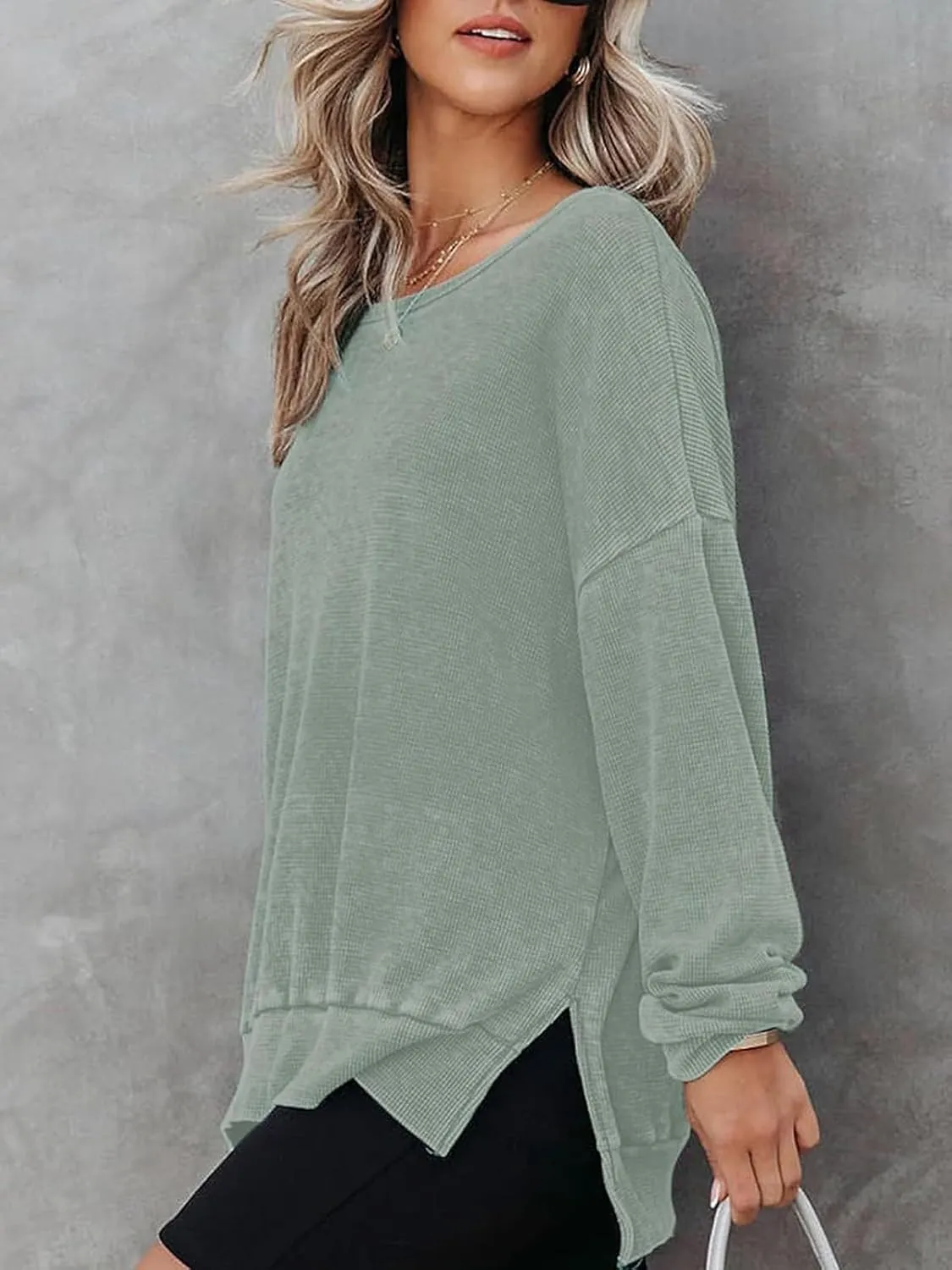 Womens Oversized Sweatshirts Crewneck Waffle Knit Casual Pullover Blouses Long Sleeve Side Slit Sweatshirt Tops S-2XL