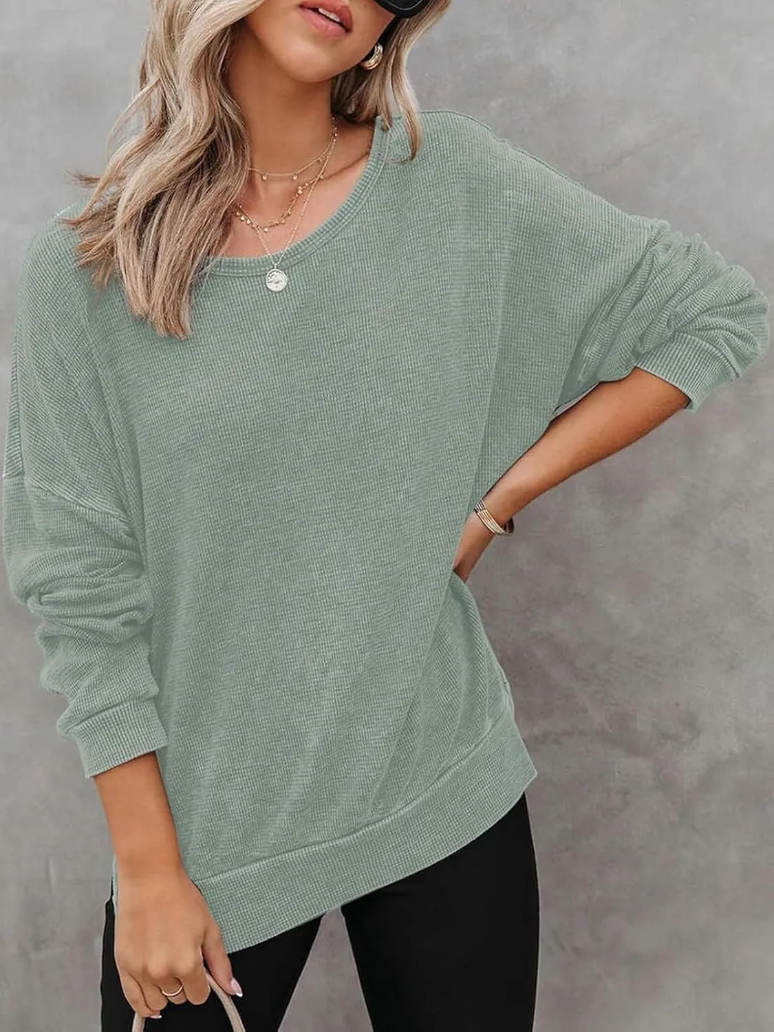 Womens Oversized Sweatshirts Crewneck Waffle Knit Casual Pullover Blouses Long Sleeve Side Slit Sweatshirt Tops S-2XL