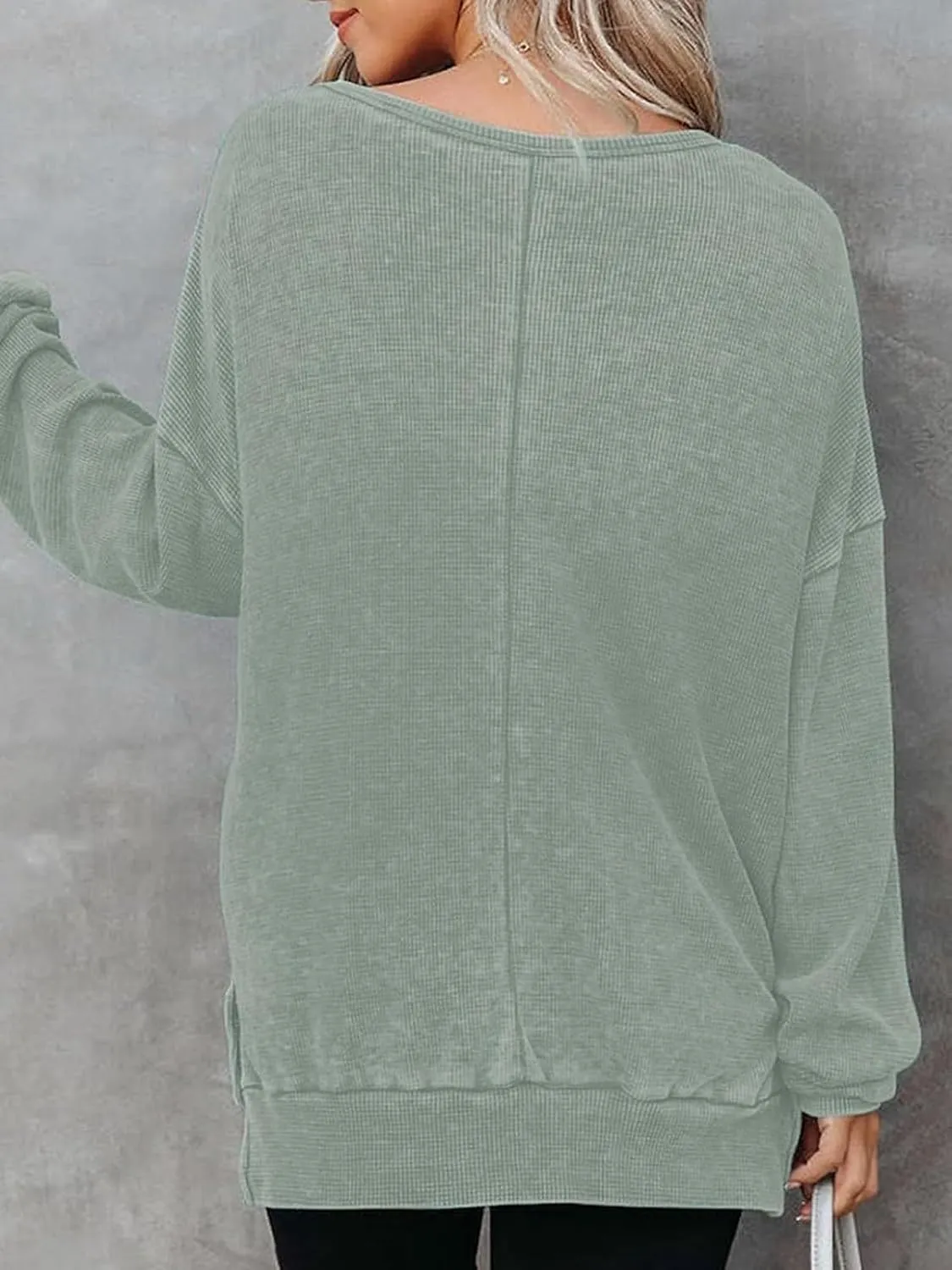 Womens Oversized Sweatshirts Crewneck Waffle Knit Casual Pullover Blouses Long Sleeve Side Slit Sweatshirt Tops S-2XL