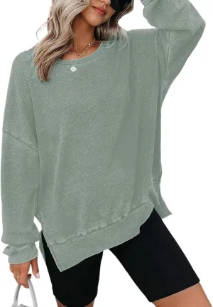 Womens Oversized Sweatshirts Crewneck Waffle Knit Casual Pullover Blouses Long Sleeve Side Slit Sweatshirt Tops S-2XL