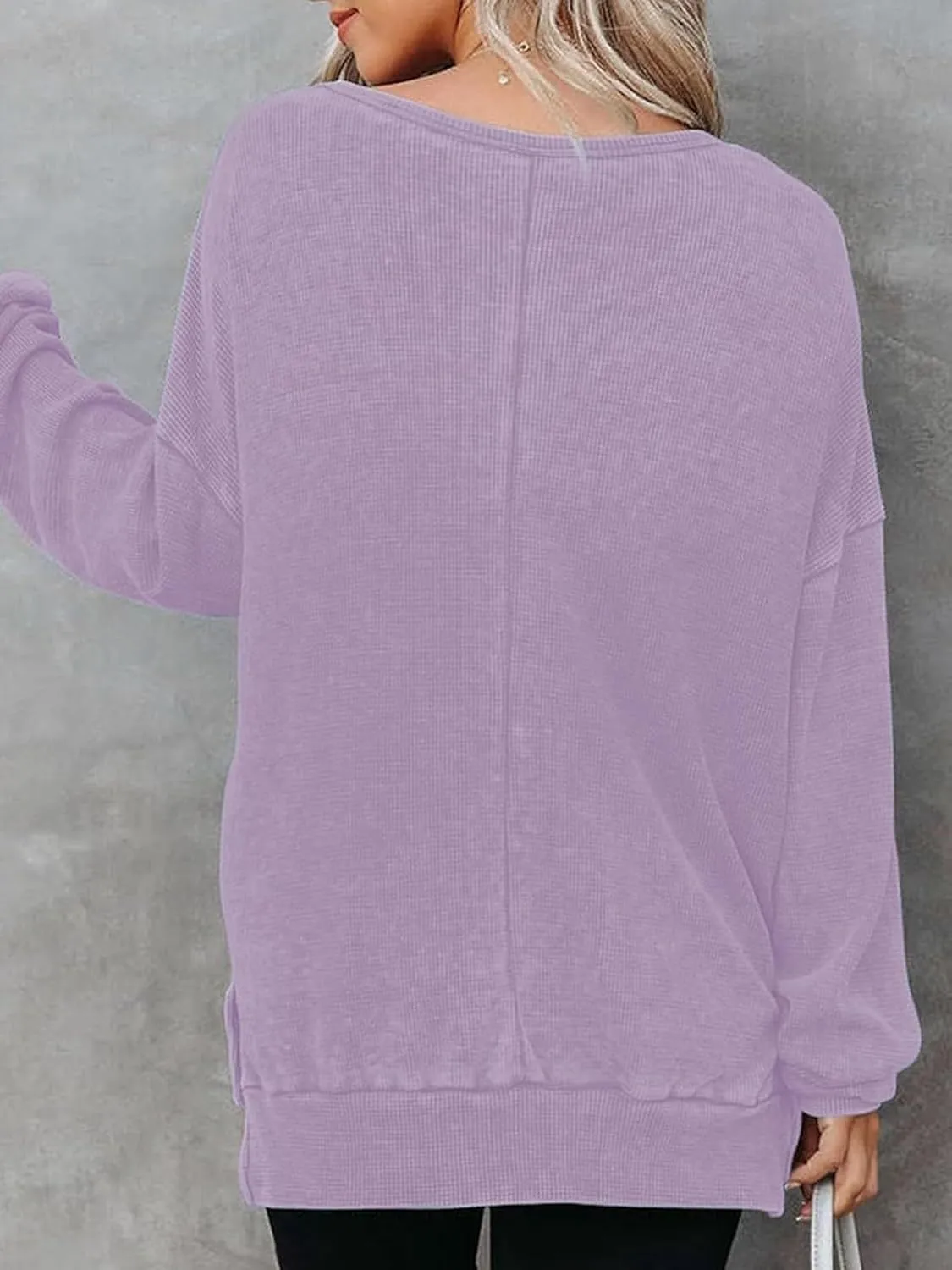 Womens Oversized Sweatshirts Crewneck Waffle Knit Casual Pullover Blouses Long Sleeve Side Slit Sweatshirt Tops S-2XL