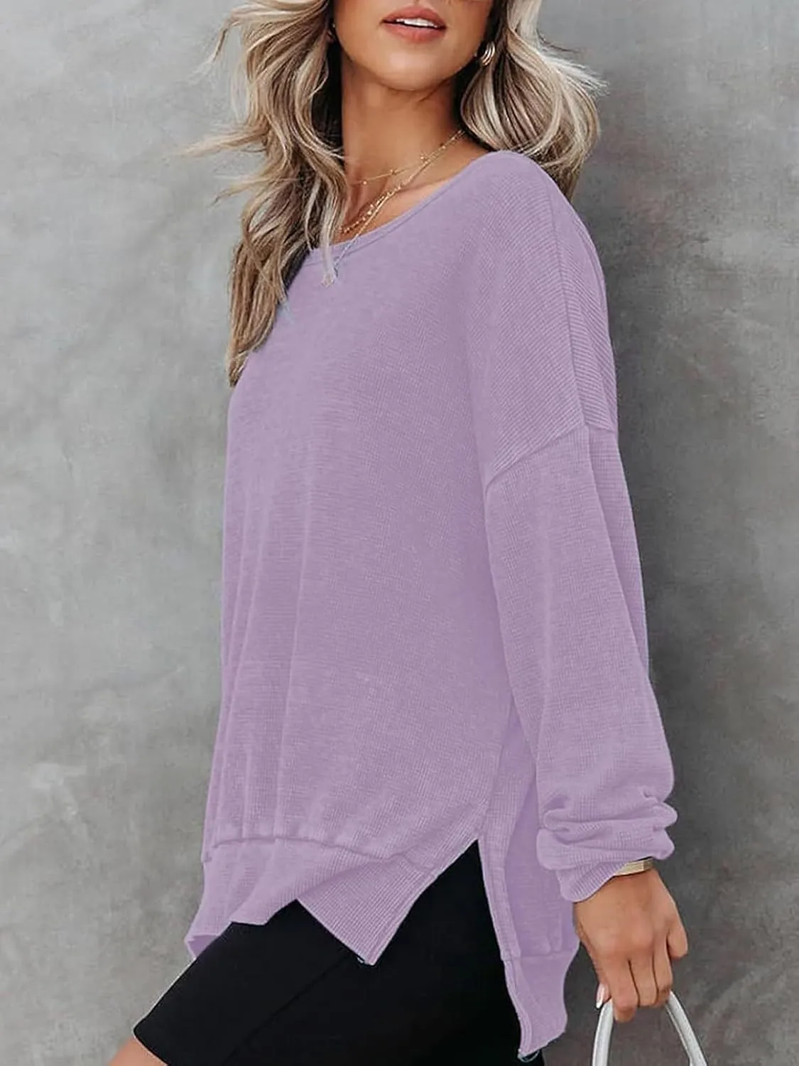 Womens Oversized Sweatshirts Crewneck Waffle Knit Casual Pullover Blouses Long Sleeve Side Slit Sweatshirt Tops S-2XL