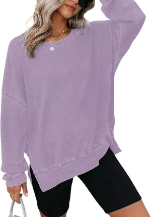 Womens Oversized Sweatshirts Crewneck Waffle Knit Casual Pullover Blouses Long Sleeve Side Slit Sweatshirt Tops S-2XL