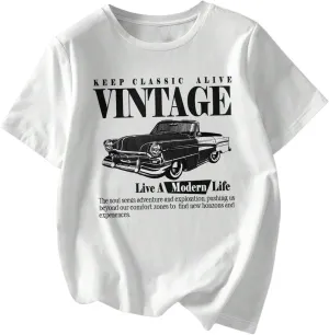 Women's Plus Size Car Graphic Vintage T Shirts Letter Print Short Sleeve Drop Shoulder Baggy Tees