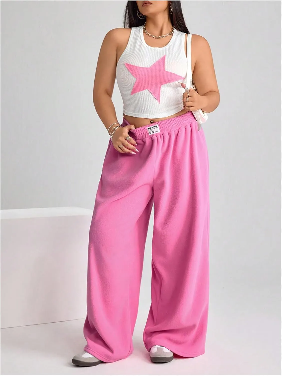 Women's Plus Size Elastic Waist Sweatpants Wide Leg Letter Patched Pants with Pocket