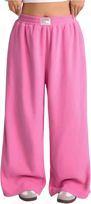 Women's Plus Size Elastic Waist Sweatpants Wide Leg Letter Patched Pants with Pocket