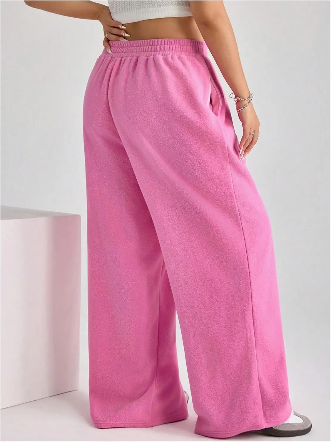 Women's Plus Size Elastic Waist Sweatpants Wide Leg Letter Patched Pants with Pocket
