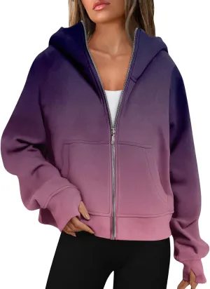Womens Plus Size Sweatshirt Full Zipper Long Sleeve Coats Thumb Hole Zip Up Hoodie Solid Color Pullover with Pockets