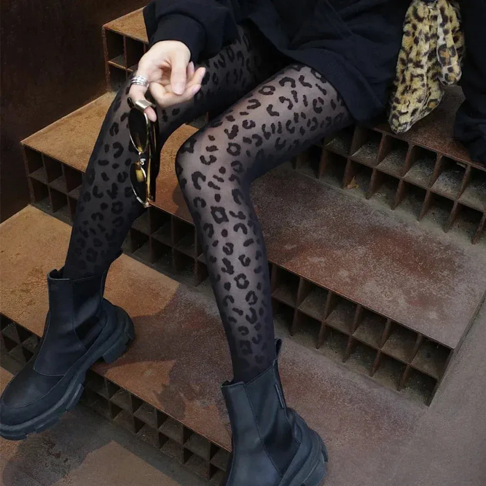 Womens Sexy Thin Transparent Leopard Print Sheer Tights | Gothic Vintage Seamless Pantyhose