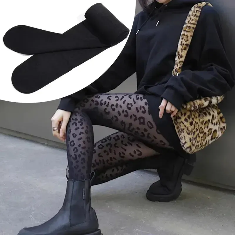 Womens Sexy Thin Transparent Leopard Print Sheer Tights | Gothic Vintage Seamless Pantyhose